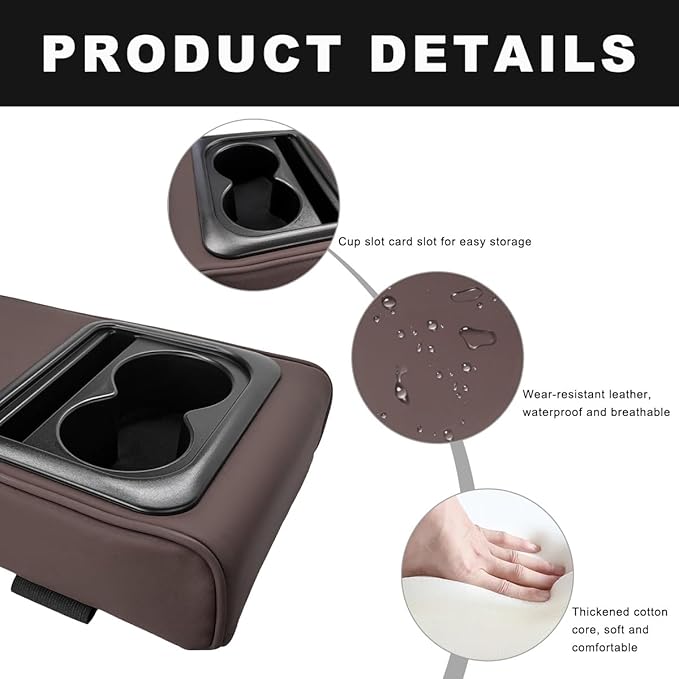Car Center Console Armrest Pillow, 14"×8.3" Waterproof Leather Armrest Box Cover with Cup and Phone Holder, Soft Memory Foam Arm Rest Console Pad Protector for SUV Truck (Coffee, Glossy)