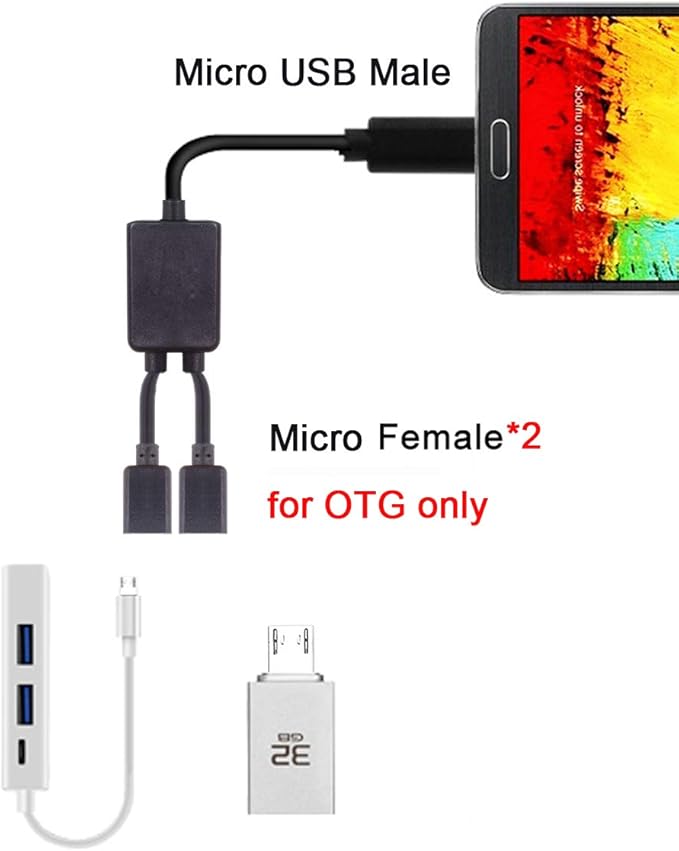 JSER Micro USB 2.0 OTG to Dual Ports Micro USB 2.0 5Pin Female Hub Cable Compatible for Laptop PC & Mouse & Flash Disk