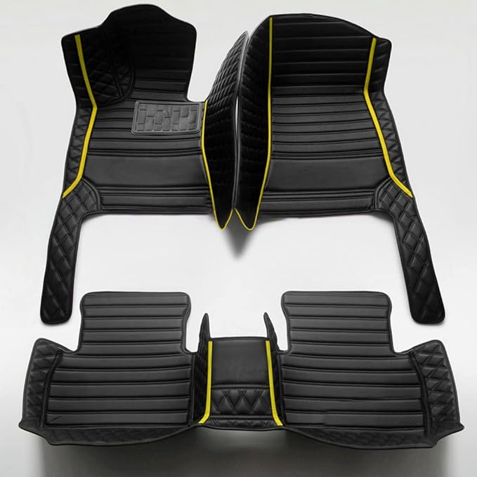 Custom Personalized Car Floor Mats - Luxury Full Coverage All Weather Cars Mats, Anti-Slip Leather Car Mat Set, Custom Floor Mats Fit for 99% of Cars, SUVs & Trucks (Black+Yellow bar, D-Diamond+Strip)