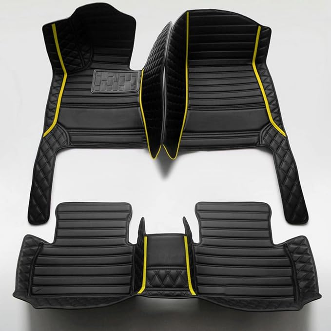 Custom Personalized Car Floor Mats - Luxury Full Coverage All Weather Cars Mats, Anti-Slip Leather Car Mat Set, Custom Floor Mats Fit for 99% of Cars, SUVs & Trucks (Black+Yellow bar, D-Diamond+Strip)