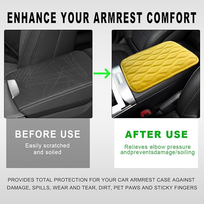 Car Center Console Cushion Pad, 12.48×7.40 Inches Waterproof Car Armrest Seat Box Cover, Comfortable PU Leather Vehicle Armrest Cover Protector, Car Decor Interior Accessories (Yellow)