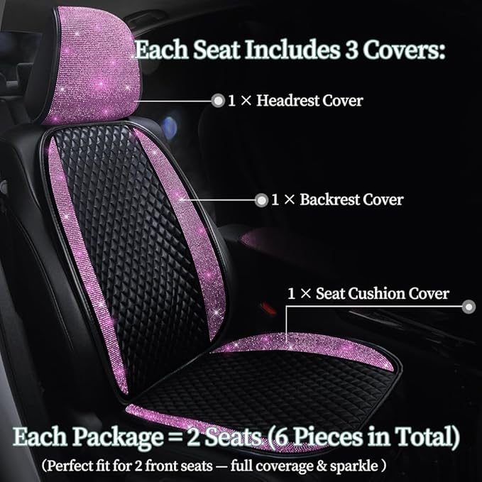 Luxury PU Leather Car Seat Cover Protector Bling Rhinestones Diamond Front Auto Seat Protector Pad for Girls Women or Ladies Auto Sparkling Crystal Universal Interior Accessories Pink 2Seats