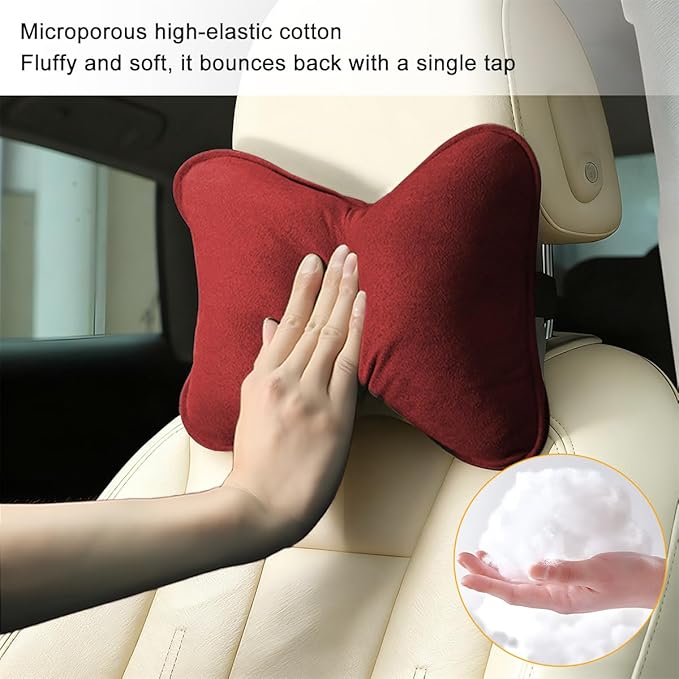 Car Headrest Pillow, Suede Soft Comfortable Breathable Vehicle Seat Neck Support Cushion with Adjustable Strap, Ergonomic Design Auto Head Rest Pad, Universal for Sedan RV Truck (Red)
