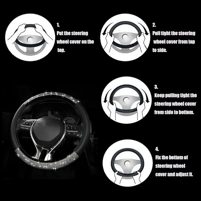 Diamond Steering Wheel Cover, Crystal Rhinestone Steering Cover, 15 Inch Steering Wheel Protector for Women or Men, Easy Installation and Cleaning (Silver Diamond)