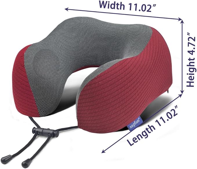 napfun Neck Pillow for Traveling, Upgraded Travel Neck Pillow for Airplane 100% Pure Memory Foam Travel Pillow for Flight Headrest Sleep, Portable Plane Accessories, Burgundy Striped Kit