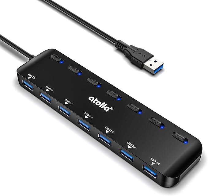 USB 3.0 Hub, atolla 7-Port USB Hub Splitter with Individual On/Off Switches and Lights, 3.28Ft Extended Cable, Suitable for Laptop, PC, MacBook, Keyboard, Mouse, Flash Drives ﻿