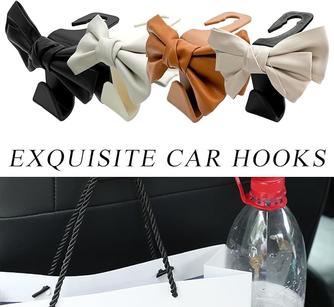 2 PCS Car Seat Headrest Hooks, Cute Bow Shaped Vehicle Backseat Storage Hooks, Leather Bow Shaped Sturdy Car Seat Back Hooks for Purses/Coats/Umbrellas, Car Accessories (Black & White)