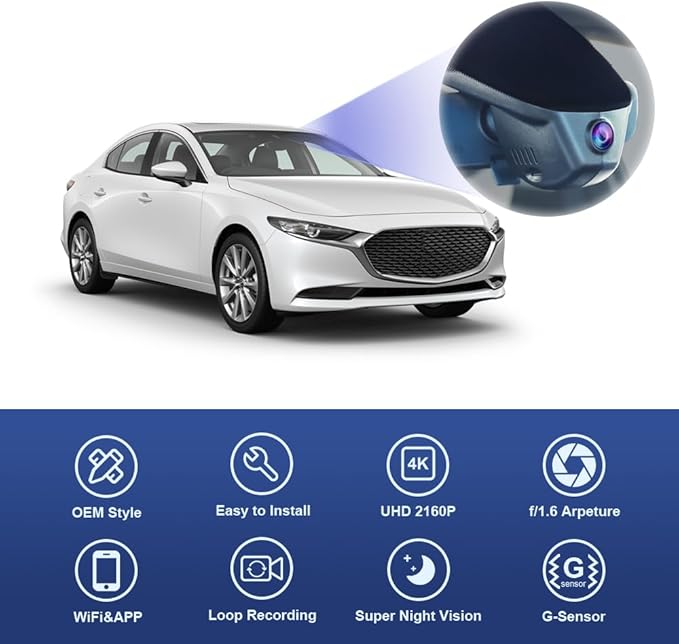 Fitcamx 4K Dash Cam Suitable for Mazda 3 2024-2026 Sedan Hatchback (with Sunroof), OEM Factory Look, UHD 2160P Video, WiFi & APP, Loop Recording, Parking Sensor, Easy to Install, 64GB Card