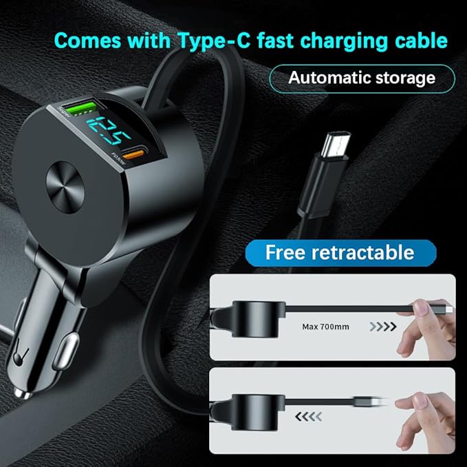 75W 3-in-1 Car Charger Adapter with Voltage Detection, Super Fast Charging with Cable PD30W Retractable Cable for iPhone/Samsung/Android/iPad Pro and More