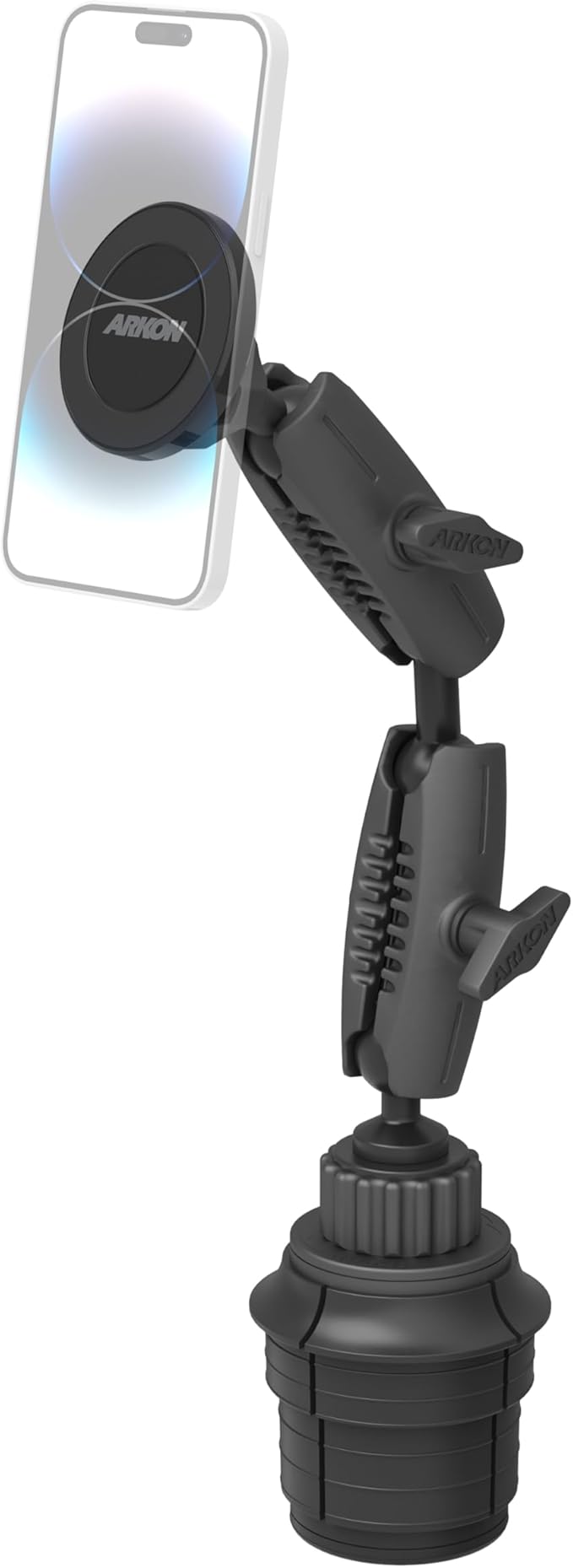 ARKON Mounts Magnetic Phone Holder with Cup Holder Mount and Dual 25mm Shaft Arm, Compatible with MagSafe-Style Attachment, Phone Mount for Cars SUVs and Trucks