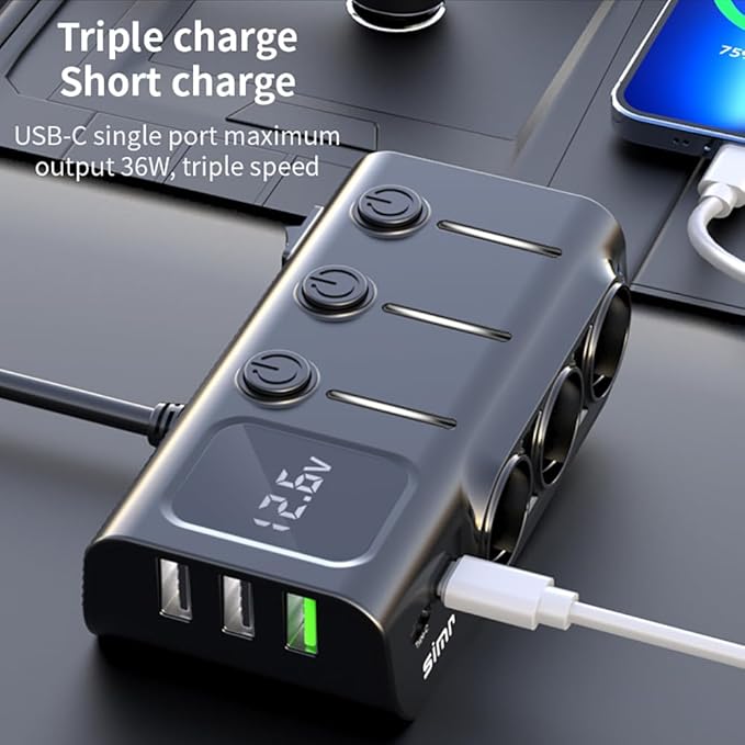 3 Socket Cigarette Lighter Splitter 3 USB+2 Type C Port Quick Car Charger Adapter with LED Voltage Display and on/Off Switch for iPhone Samsung