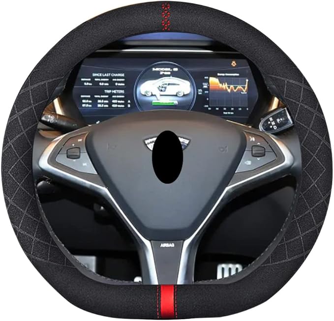 Suede D Shape Steering Wheel Cover,Compatible with Tesla Model S Model Y Model X Suede Leather Sport Non-Slip Wheel Cover Car Interior Accessories 15 inch for Man and Women