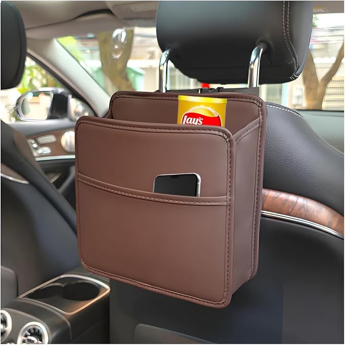 Zpana Car Seat Back Organizer, Leather Multipurpose Hanging Vehicle Backseat Headrest Storage Bag, Automotive Pouch Pocket Organizer for Kids & Adults, Universal for Truck SUV Sedan (Brown)