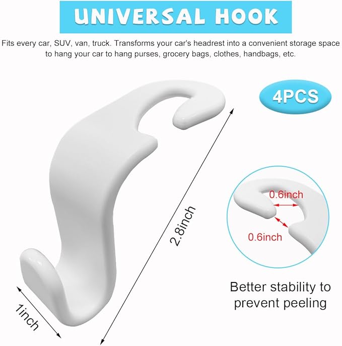 Ziciner Car Seat Headrest Hooks, 4 Pack Auto Durable Backseat Hangers Storage Organizer, Universal Vehicle Interior Holder Accessories for Purse, Grocery Bags, Handbag, Cloths ect (White)