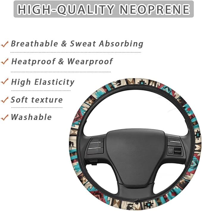 SEANATIVE Universal Steering Wheel Cover, Easy to Disassemble, Non-Slip Soft Steering Wheel Cover, Blue Aztec Hores Auto Decor Accessiores