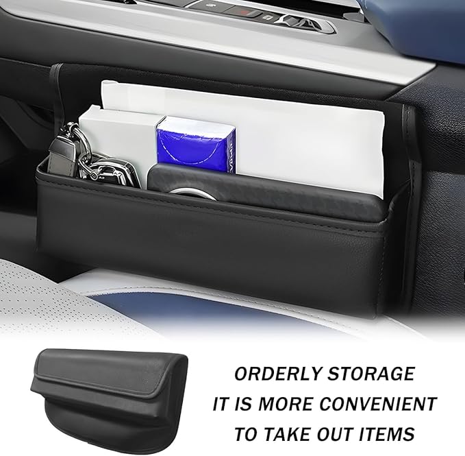 Car Seat Gap Filler Organizer, Leather Vehicle Side Seat Gap Storage Box with Lid for Phone Key Card, L-Capacity Auto Interior Organization, Universal for SUV Sedan Truck (Black)