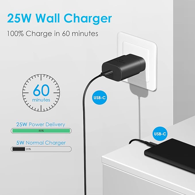 25W USB-C Fast Charger Block with C-to-C Cable [PD PPS Compatible] for Galaxy S24/S23/S22, Pixel 8/7, Z Flip 5, i Phone 17/16/15 - Compact Type C Charger