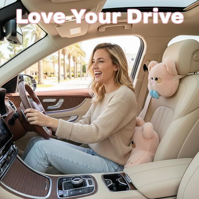 Cute Plush Bear Car Headrest & Lumbar Support Set, Soft Neck & Back Support Pillow for Comfortable Driving All Season