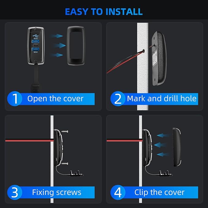 4PCS 3 Ports 12V RV USB Outlet 72W, Type-C PD3.0 Quick Charge & Dual QC3.0 Panel Wall Surface Mount, Automotive Car Multi-Port USB Socket Charger Adapter for RV Marine Boat Bus Camper ATV Truck