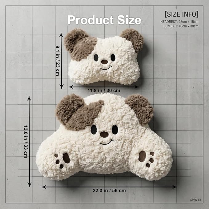 Car Seat Cushions Headrest and Lumbar Support Pillow Set Cute Bear Soft Plush Neck Cushion and Back Support for Long Driving Travel Comfort