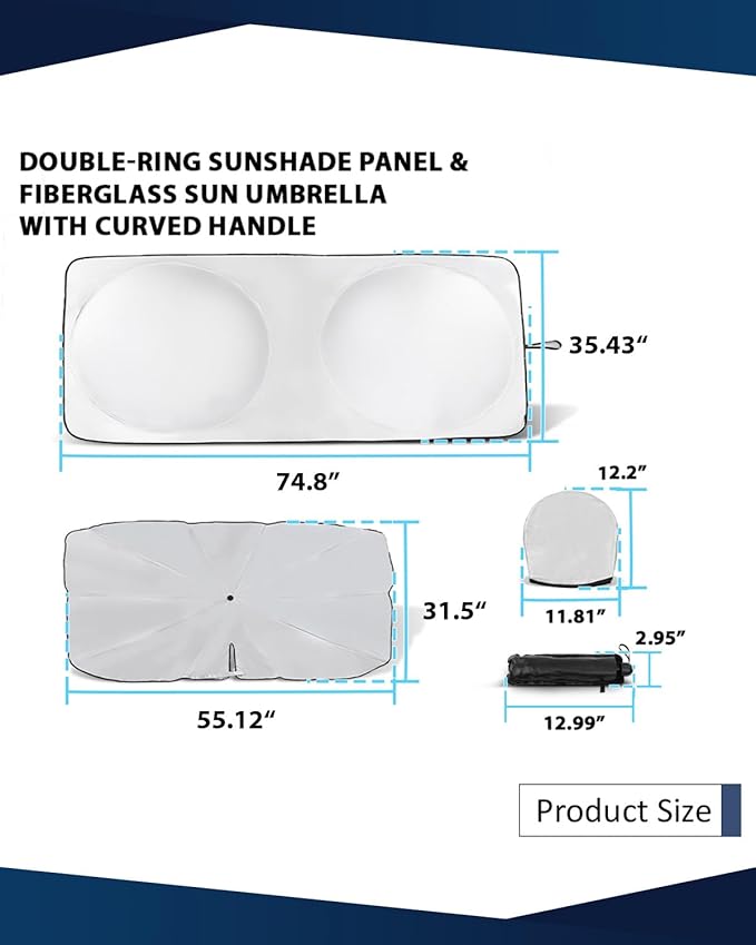 Retractable Windshield Sun Shade for car Windshield Sun Shade,99% UV Blocking,Long-Frequency and Short-Frequency Demand,X-Large(Sunshade 74.8"x35.43",Umbrella 55.12"x31.5")
