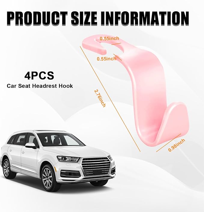 Ziciner 4 PCS Car Seat Headrest Hooks, Backseat Hangers Storage Organizer, Universal Car Accessories for Purse Grocery Bags Coats (Light Pink)