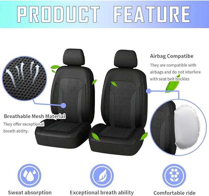 4PCS Cooling Car Seat Covers,Breathable Front Seat Covers with Mesh Construction and Foam Padding,Car Seat Protector to Reduce Back Sweating,Universal Car Interior for Car SUV (Black)