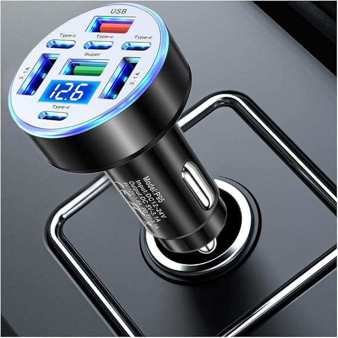 8 Port Type-C & USB Car Charger Adapter with 25W Fast Charging,12/24V Car Cigarette Lighter USB Charger with Voltage Display & Flexible Light,Upgraded Fast Cars Chargers