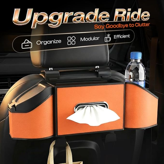 7-in-1 Car Backseat Organizer,Multifunctional Car Organizers and Storage Box with Cup Holder, Tissue Box,Trash Bin,Phone Mount and Hooks,Car Essentials Accessories for Women and Men (Orange)