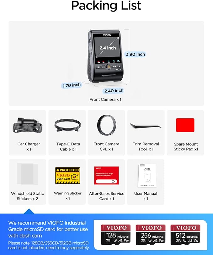 VIOFO A329S 4K 60FPS Dash Cam, Power Saving Parking Mode, Wi-Fi 6 App Control, STARVIS 2 Sensor, Supports up to 4TB SSD or 512GB microSD Card