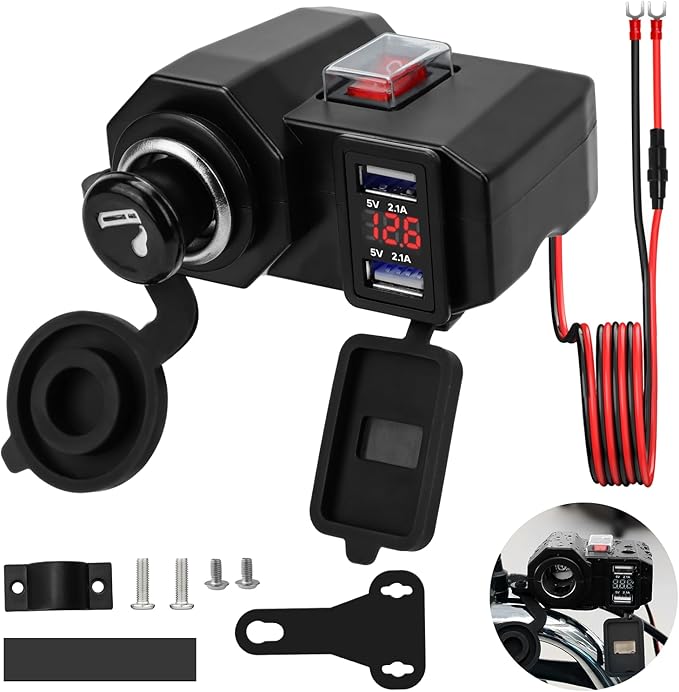 BlueFire 5V/2.1A Dual USB Charger Socket Waterproof Motorcycle Handlebar Clamp Power Adapter Charger USB Charging System with Cigarette Lighter Socket and Voltmeter for Phones/Tablets/GPS