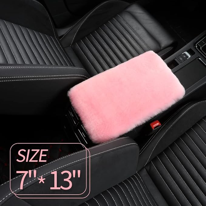 Sheepskin Armrest Cover Auto Center Armrest Cover Car Soft Console Pad, Fluffy Wool Auto Center Console Cover for Most Car Arm Rest Decoration Protector 7 x 13 Inch (Shearling, Pink)
