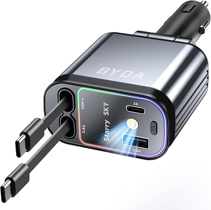 4 in 1 Retractable Car Charger with Starry Light,69W USB-C Fast Car Charger, for iPhone 17/16/15/14/13/12/11, Android,Pixel,Cigarette Lighter Charger (Dual Cord USB-C)