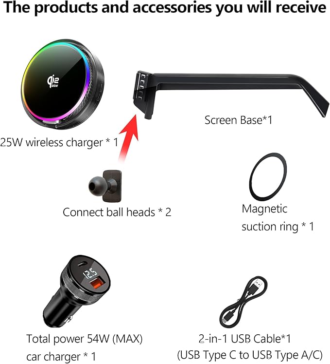 Qi2.2 25W Magnetic Car Mount Charger for 2020-2026 Toyota Highlander Accessories, for Fast Charging Cell Phone Holder 8 Inch Screen Fixed Clip with Cooling Fan＆54W Fast Adapter