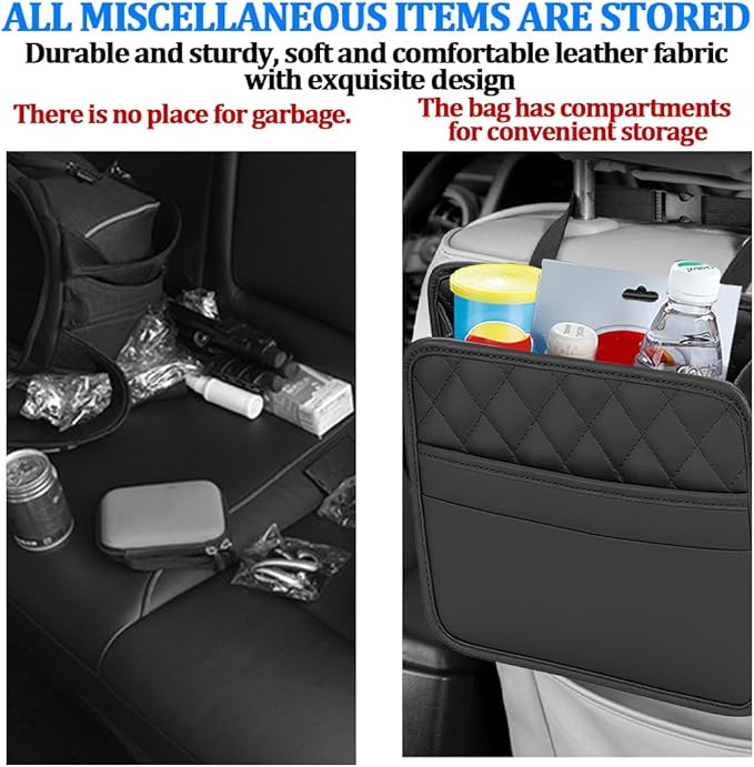 Car Seat Back Organizer, Foldable Leather Vehicle Backseat Storage Bag, Multifunctional Automotive Interior Hanging Pocket Accessories, Universal Fit (Black)