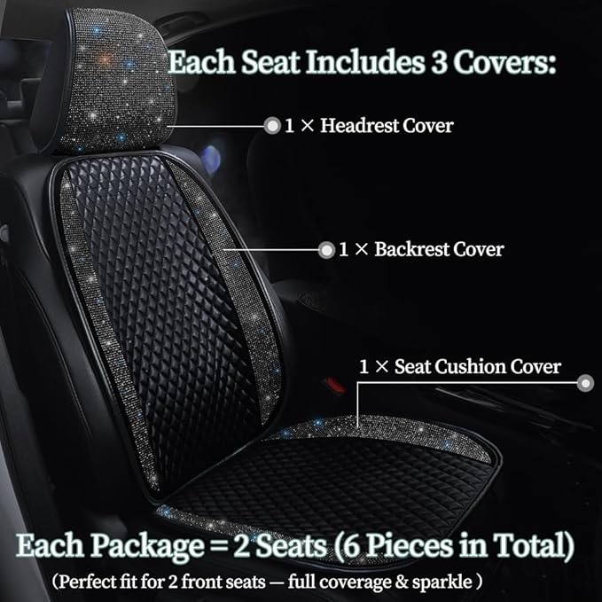Luxury PU Leather Auto Seat Cover Protector Rhinestone Crystal Glitter Vehicles Front Seat Pad Mat Bling Bling Diamond Car Interior Accessories for Women, Lady - Universal Fit Black 2Seats