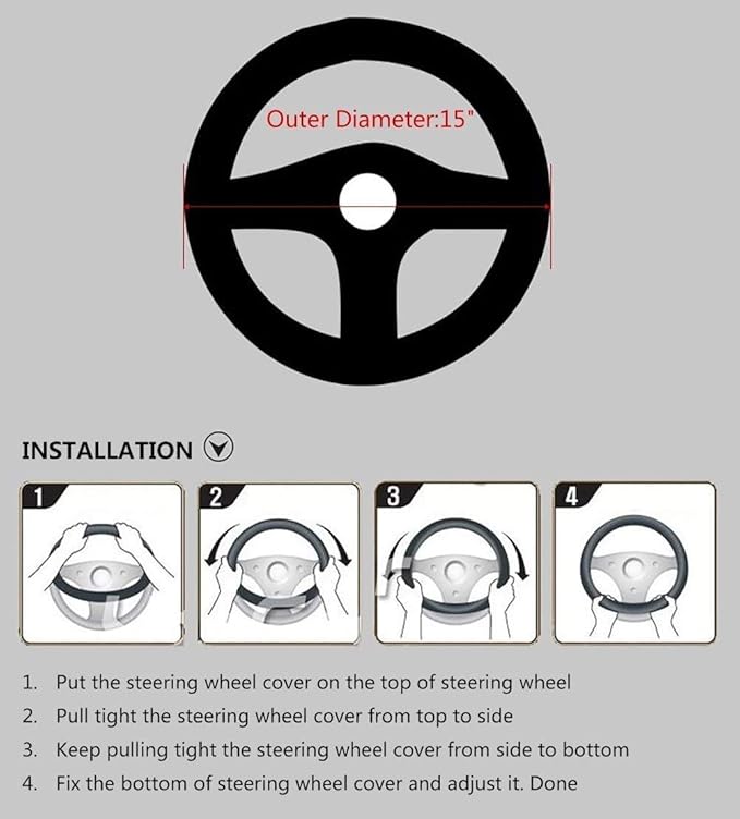 Valleycomfy Steering Wheel Covers Universal 15 inch - Genuine Leather, Breathable, Anti Slip & Odor Free (White Line, M(14" 1/2-15" 1/4))