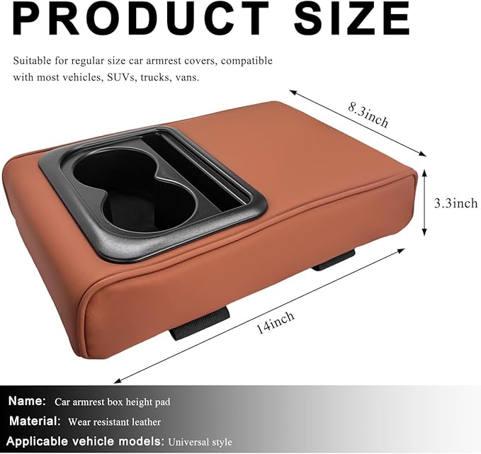 Car Center Console Armrest Pillow, 14"×8.3" Waterproof Leather Armrest Box Cover with Cup and Phone Holder, Soft Memory Foam Arm Rest Console Pad Protector for SUV Truck (Brown, Glossy)
