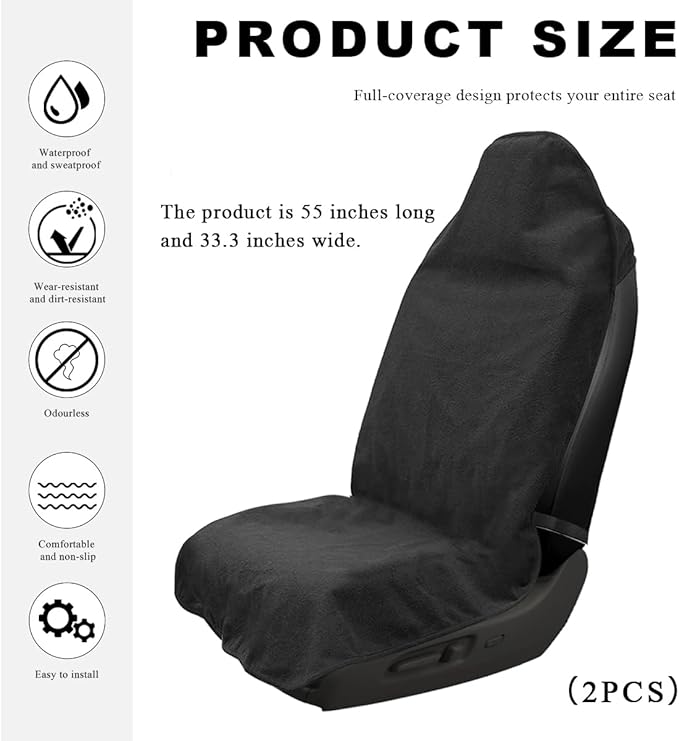 2PCS Car Towel Seat Cover, Waterproof Sweating Non-Slip Premium Soft Towel Carseat Protector, Universal Machine Washable Car Truck SUV Front Seat Cover for Gym Workout Beach Hiking (Black)