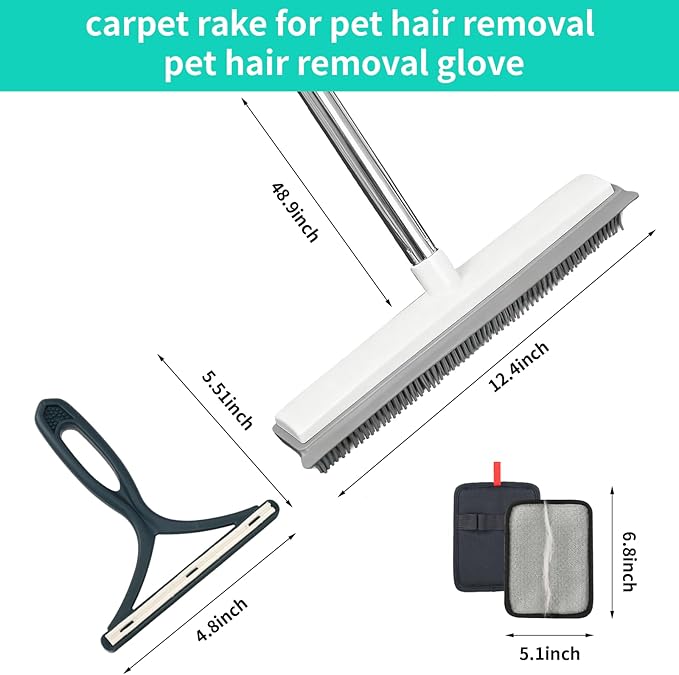 Carpet Rake for Pet Hair Removal, 30-51" Adjustable Stainless Steel Handle Rubber Broom with Squeegee, Reusable Cat & Dog Hair Remover Tool Set for Rugs, Hardwood Floors, Mats, Couch, Car
