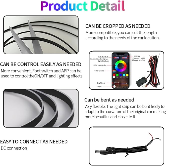 Interior Car Strip Lights Dreamcolor Acrylic Car Decorative Lights with Smart APP Control Multicolor Internal Lighting Kit Music&DIY Function Ambient Fiber Optic Strip LEDs (Muticolor 18 in 1)