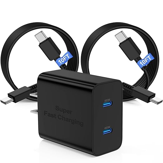 45W Dual Port Super Fast Charger with Long USB C to C Cable 10ft,Type C Wall Charger Block and Android Phone Charging Cord for Samsung Galaxy S26 Plus/S25 Ultra/S25+/S24+/S24/S23+/S22+/S21/S20/Note 20