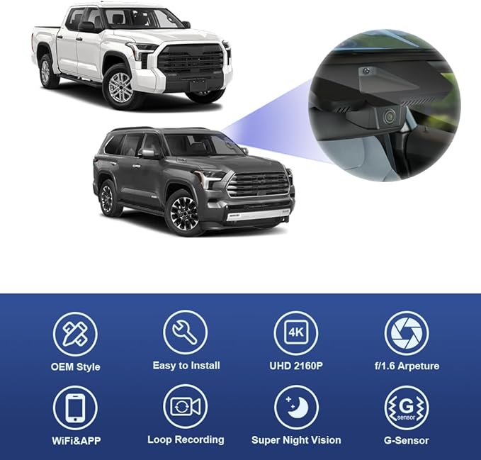 Fitcamx 4K Dash Cam Suitable for Toyota Tundra 2022-2026 Hybrid & Sequoia 2023-2026 (Gen3), OEM Factory Look, 2160P UHD Video, Built-in WiFi & APP, Loop Recording, G-Sensor, Plug & Play, 64GB Card