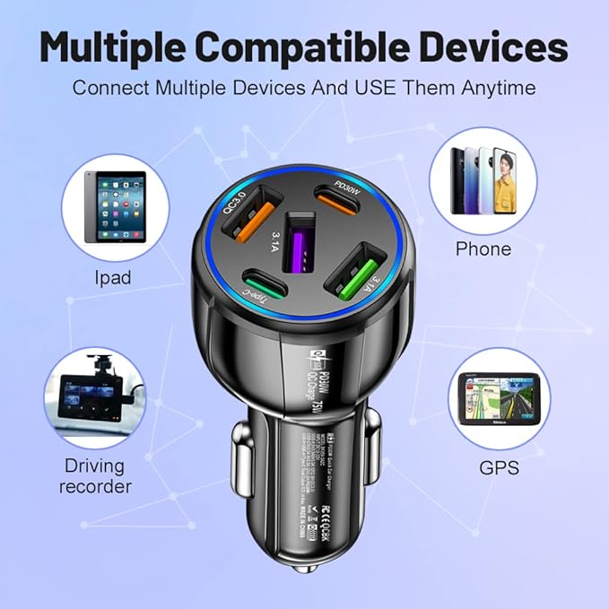 75W Ultra-Fast Car Charger, 30W/QC3.0/Type C 5-Port Smart Shunt 12 Volt Car Adapter Cigarette Lighter USB Charger Compatible with iPhone 14 Pro MAX/13,MacBook Pro,iPad Pro (3USB+2PDBlack)