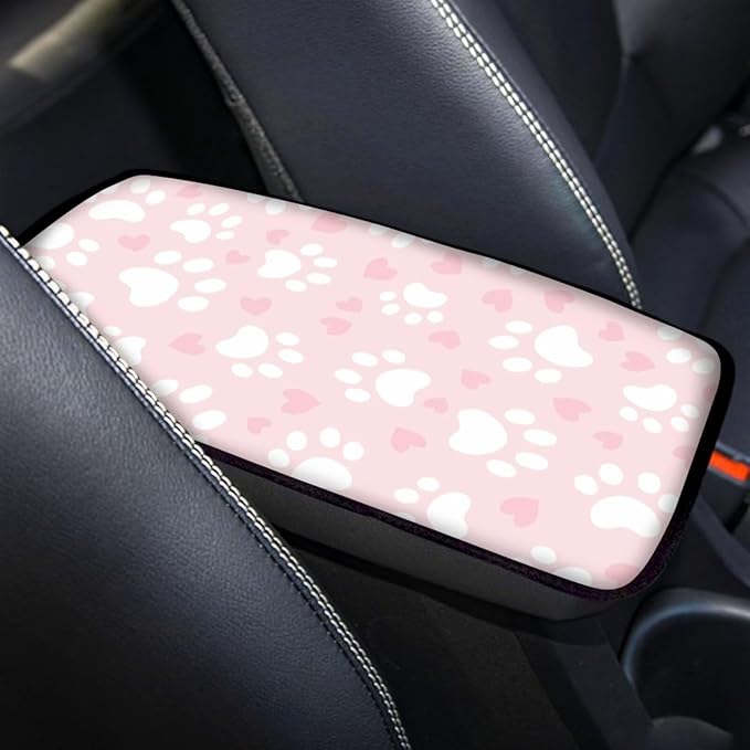 UNICEU Pink Love Hearts Dog Paw Car Center Console Armrest Cover Pad, Universal Fit Most Vehicle Truck SUV Lightweight Washable Car Armrest Seat Box Cover Decoration