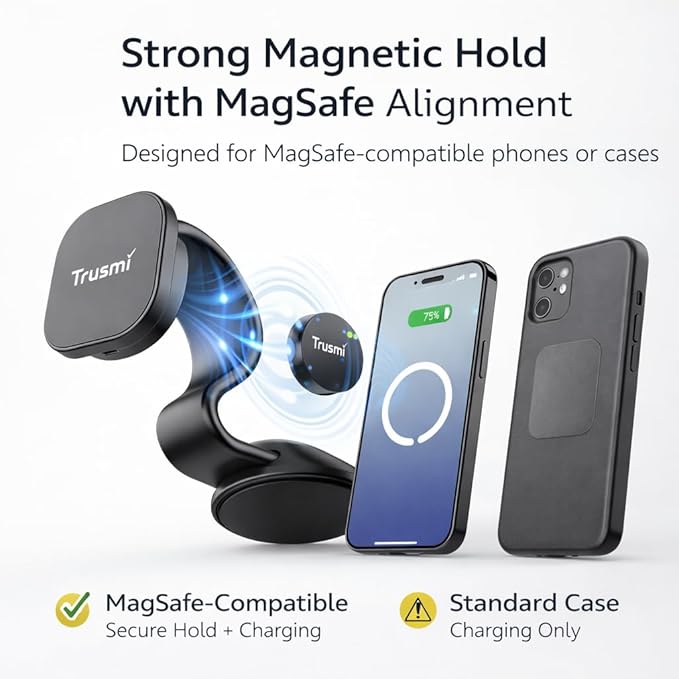 Trusmi Magnetic Wireless Car Charger 15W, Foldable Car Phone Mount, Compatible with MagSafe for iPhones and MagSafe-Compatible Cases for Galaxy S26/S25/S24, Pixel 10/9/8
