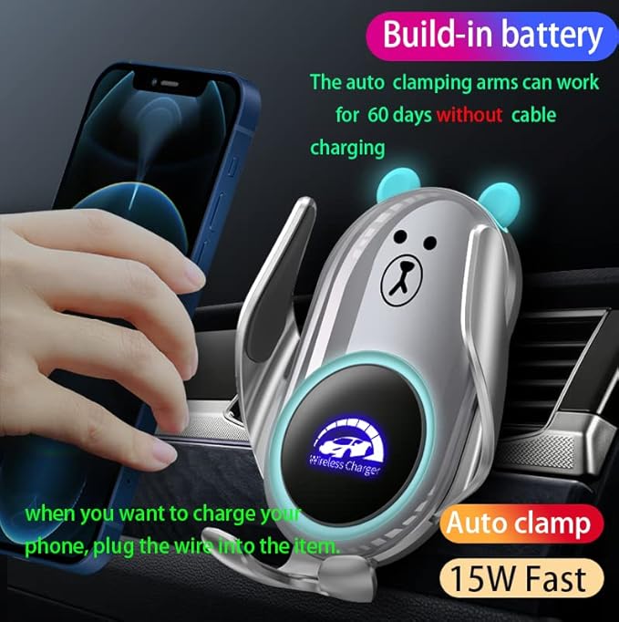 Phone Mount for Car Wireless Charger Auto Clamping with Rotatable Vent Clip Cute Bear for iPhone Samsung Andriod Phone