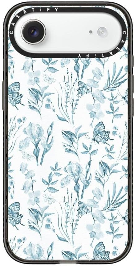 CASETiFY Impact iPhone Air Case [Slim/Compatible with Magsafe / 8.2 ft. 4X Military Grade Drop Protection] - Elegant Pastel Blue Vintage Butterfly Floral - Clear Black