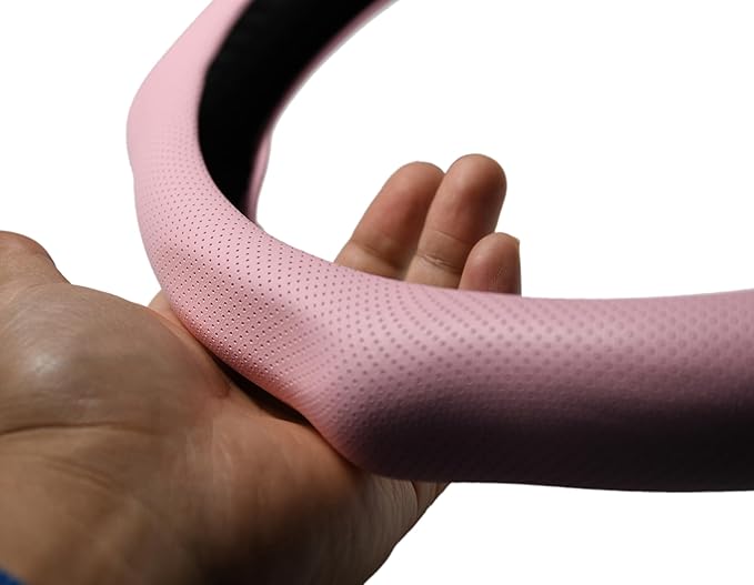 Quick Install Sporty Perforated Pink Nappa Leather Steering Wheel Cover with Black Stripe Universal fit 14½" to 15" Car SUV Pickup 14.5 to 15 inches Napa