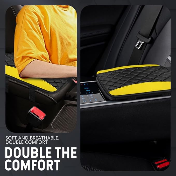 Car Center Console Cushion Pad, Car Armrest Cover, Universal Leather Waterproof Armrest Seat Box Cover, Car Decor Accessories Comfortable Auto Armrest Cover Protector for Cars (Yellow)